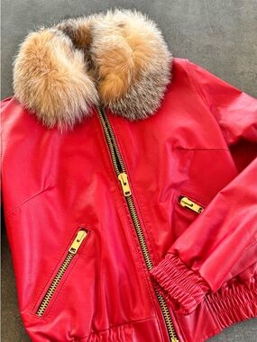 Red Leather Jacket with Fur Collar - Women